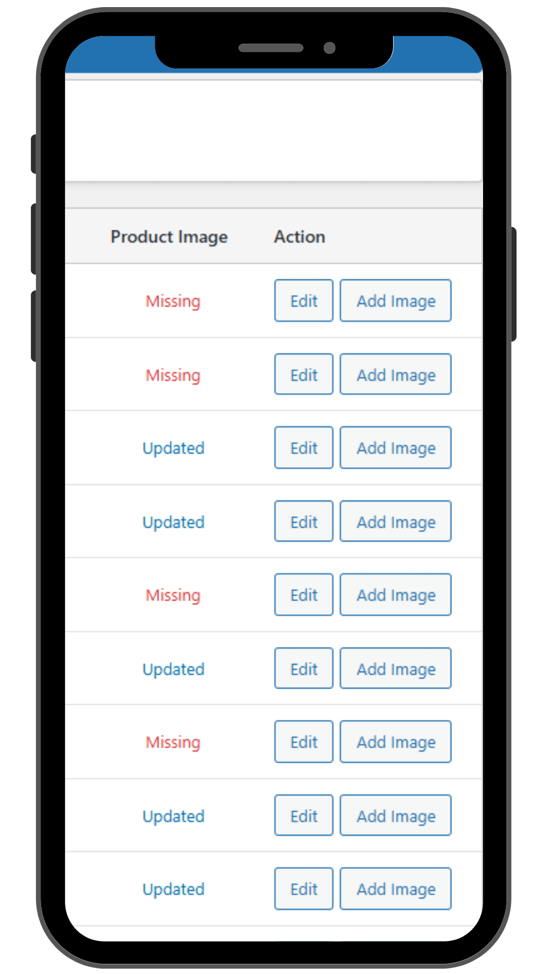 Mobile view of products showing missing and updated featured images and quick actions