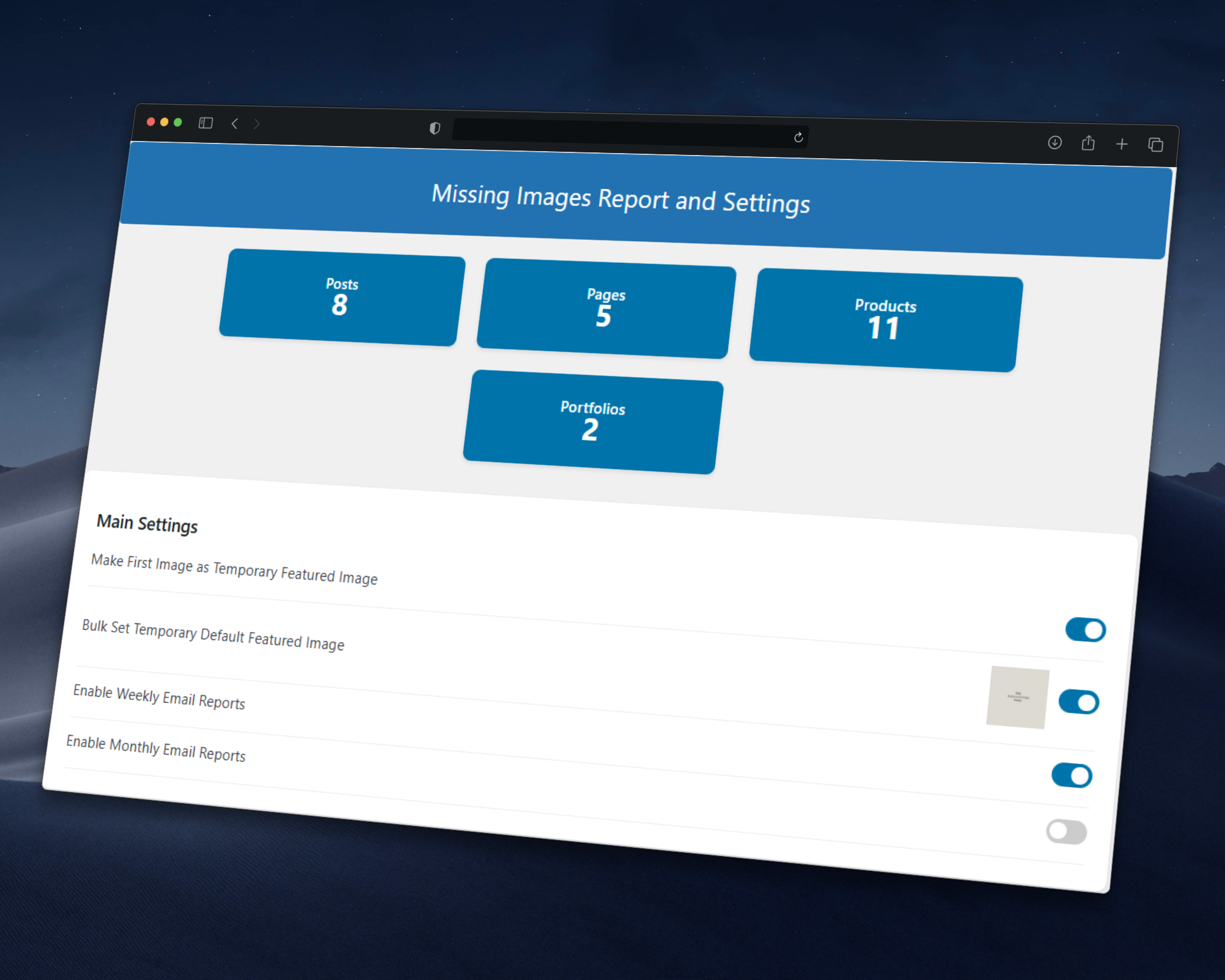 Dashboard mockup showing missing and fixed featured images with warning and check icons